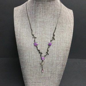 Claires Y Drop Necklace Gunmetal Silver Purple Flower Rhinestone Retro BoHo